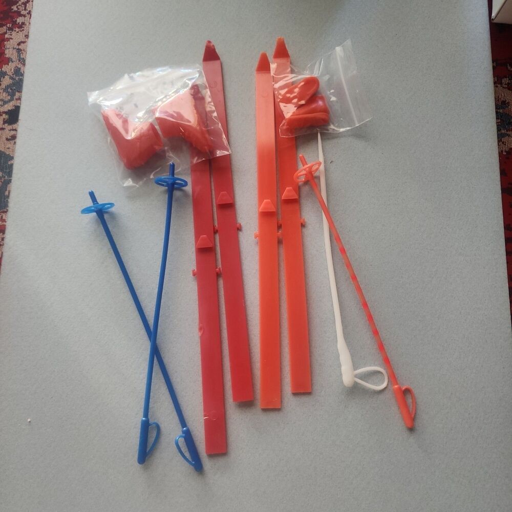 Vintage 1970s Mattel Big Jim Skis Poles Boots Plastic Lot Blue Red